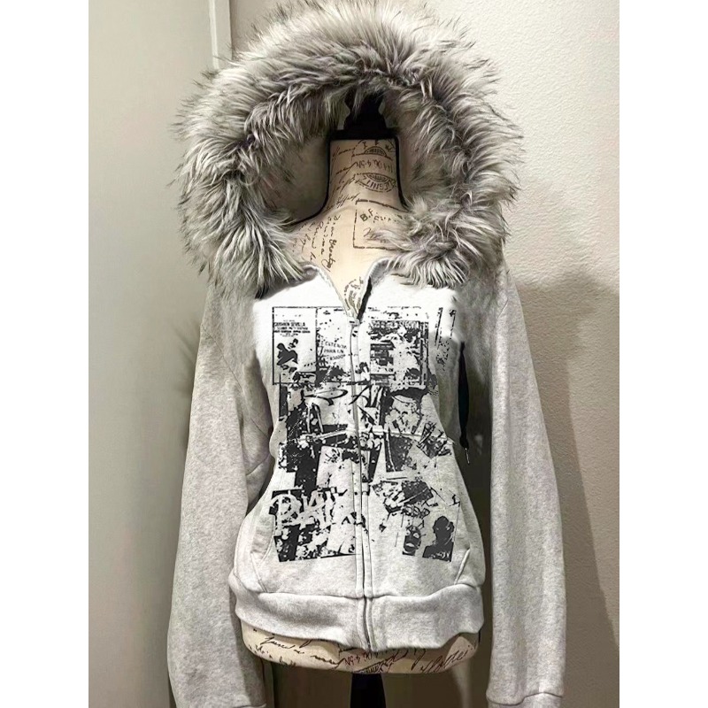 Grey Faux Fur Wool Double Zipp - Street Fashion Zip Up Hoodie recensie en prijs