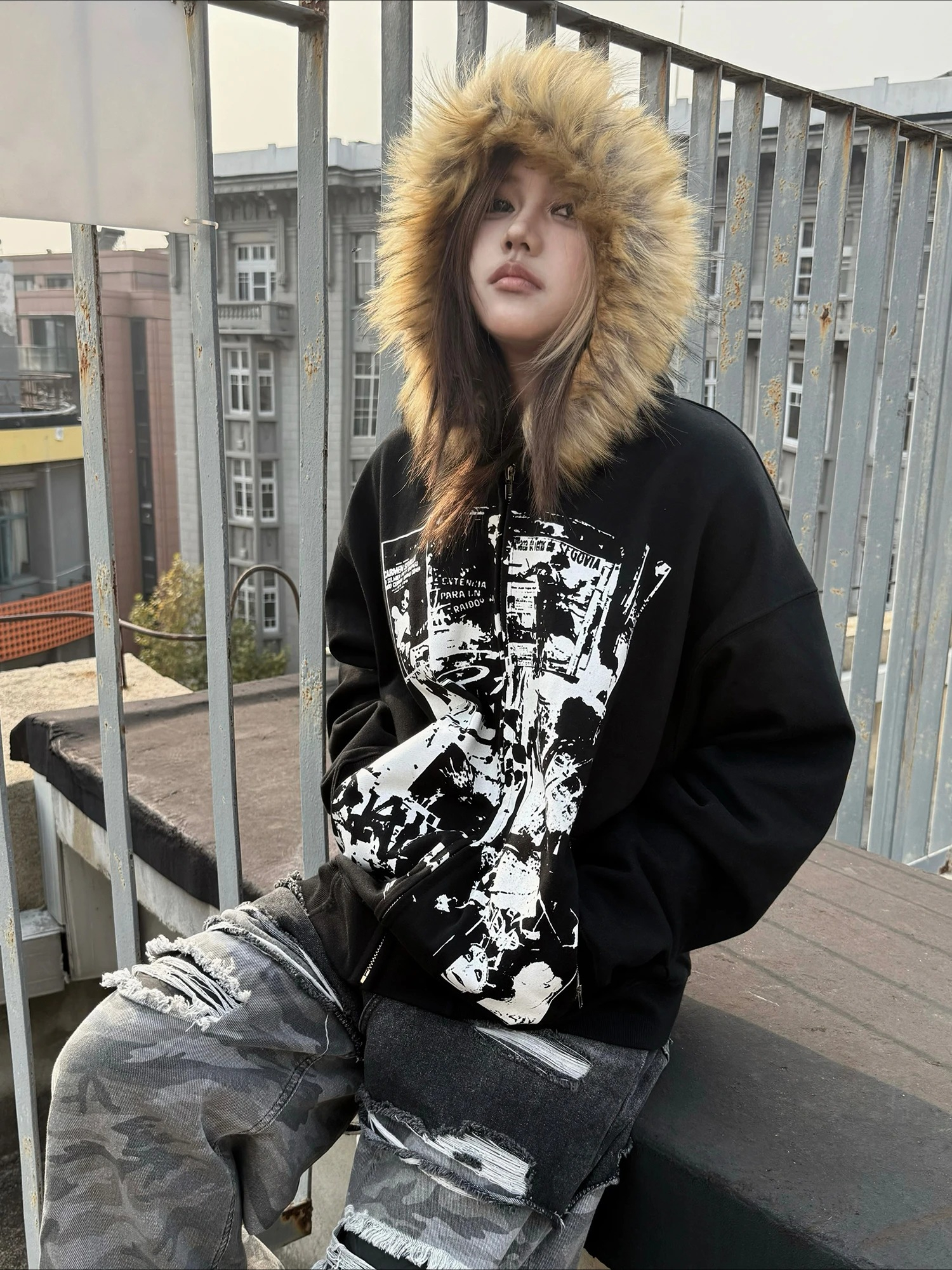 Grey Faux Fur Wool Double Zipp - Street Fashion Zip Up Hoodie recensie en prijs
